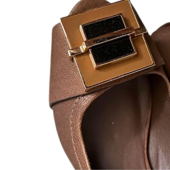 Tory Burch Peep Toe Quentin Landed Capra Fig Brown Leather Heels Size 8.5 - Picture 4 of 12